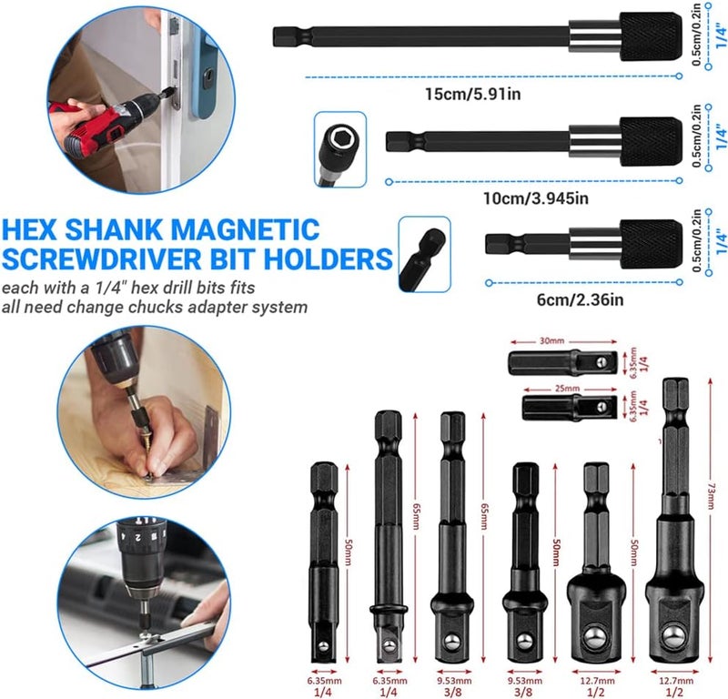 Grednfhat 32pcs Flexible Drill Bit Extension Set, Rotatable Joint Socket 1/4 3/8 1/2 Inch Hex Socket Adapter, 105°Right Angle Drill Attachmen, Bendable Screwdriver Kit with a Box (Black) - Image 3